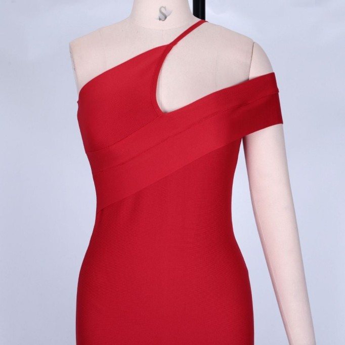 One Shoulder Short Sleeve Asymmetrical Over Knee Bandage Dress PZ19198