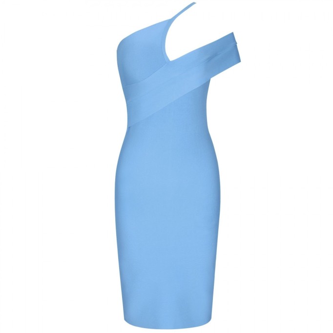 One Shoulder Short Sleeve Asymmetrical Over Knee Bandage Dress PZ19198