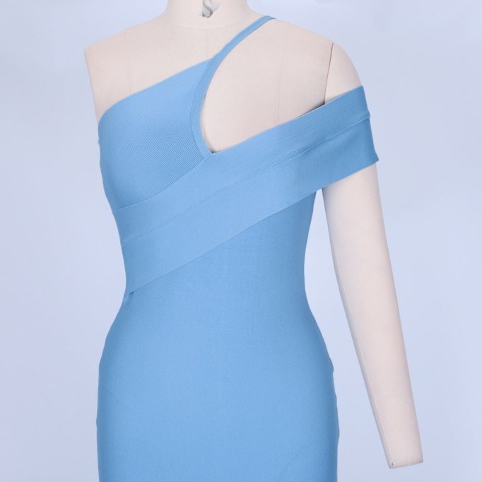 One Shoulder Short Sleeve Asymmetrical Over Knee Bandage Dress PZ19198