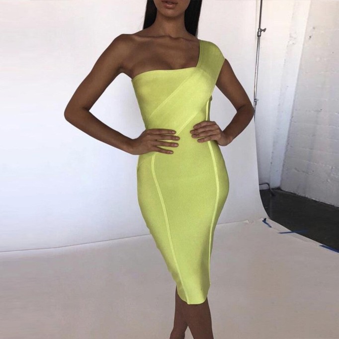 One Shoulder Asymmetrical Over Knee Bandage Dress PP40199