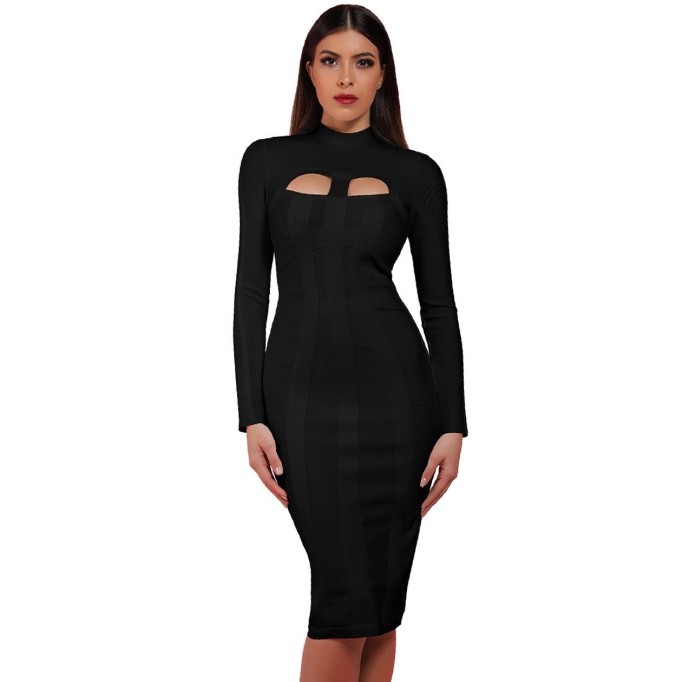 High Neck Long Sleeve Cut Out Over Knee Bandage Dress PP1103