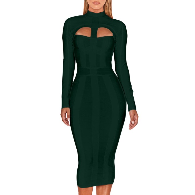 High Neck Long Sleeve Cut Out Over Knee Bandage Dress PP1103