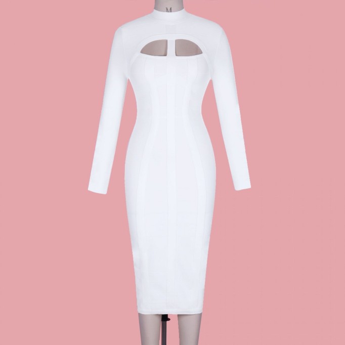 High Neck Long Sleeve Cut Out Over Knee Bandage Dress PP1103