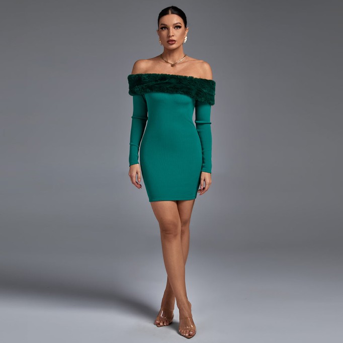 Off Shoulder Long Sleeve Hairy Mini Bandage Dress