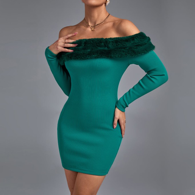 Off Shoulder Long Sleeve Hairy Mini Bandage Dress