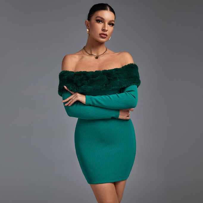 Off Shoulder Long Sleeve Hairy Mini Bandage Dress