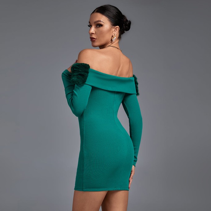 Off Shoulder Long Sleeve Hairy Mini Bandage Dress