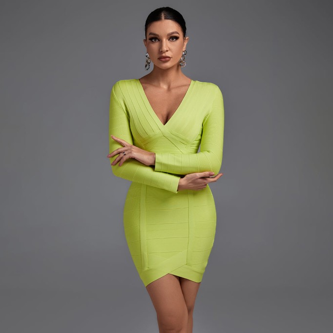 V Neck 3/4 Sleeve Striped Mini Bandage Dress