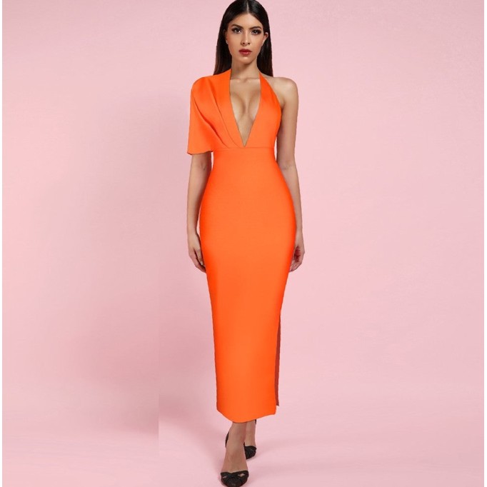 V Neck Short Sleeve Backless Maxi Bandage Dress PF19077