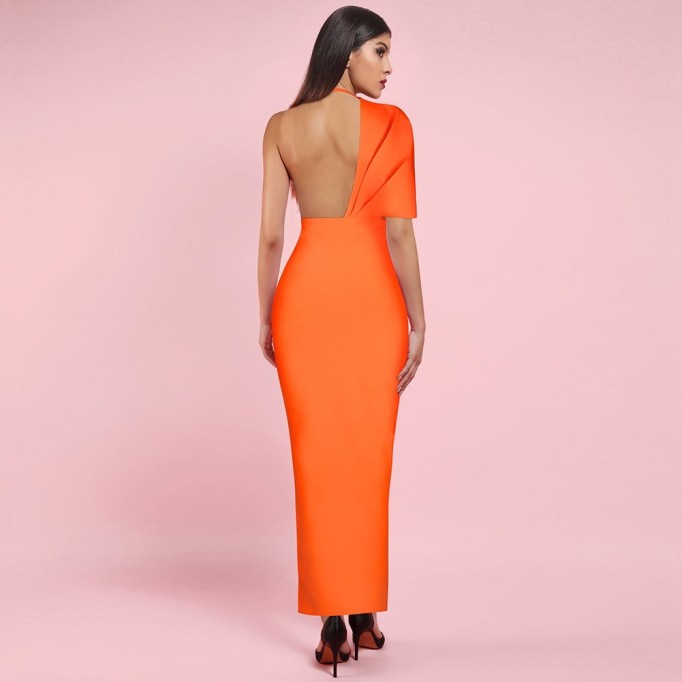 V Neck Short Sleeve Backless Maxi Bandage Dress PF19077