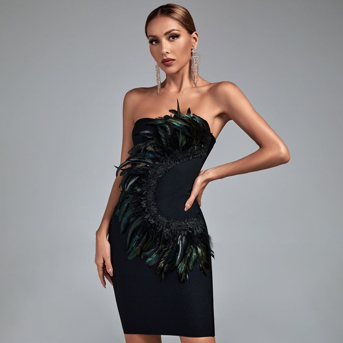 Strapless Feather Midi Bandage Dress