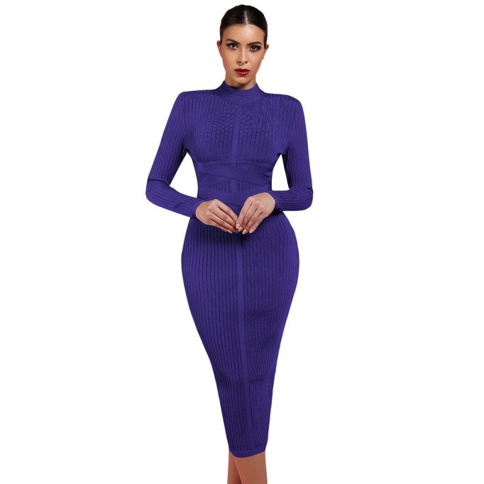 Round Neck Long Sleeve Striped Over Knee Bandage Dress PF1201