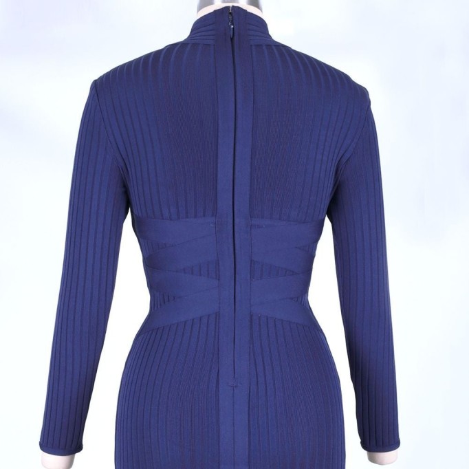 Round Neck Long Sleeve Striped Over Knee Bandage Dress PF1201