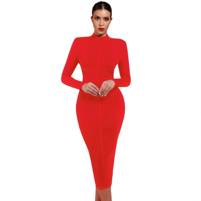 Round Neck Long Sleeve Striped Over Knee Bandage Dress PF1201