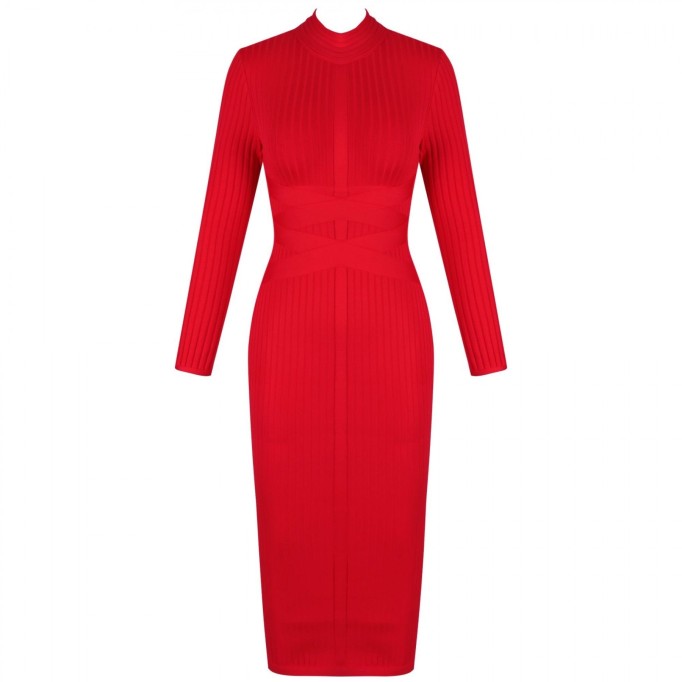 Round Neck Long Sleeve Striped Over Knee Bandage Dress PF1201