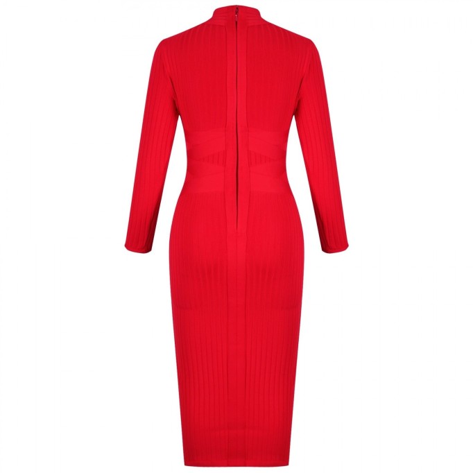 Round Neck Long Sleeve Striped Over Knee Bandage Dress PF1201