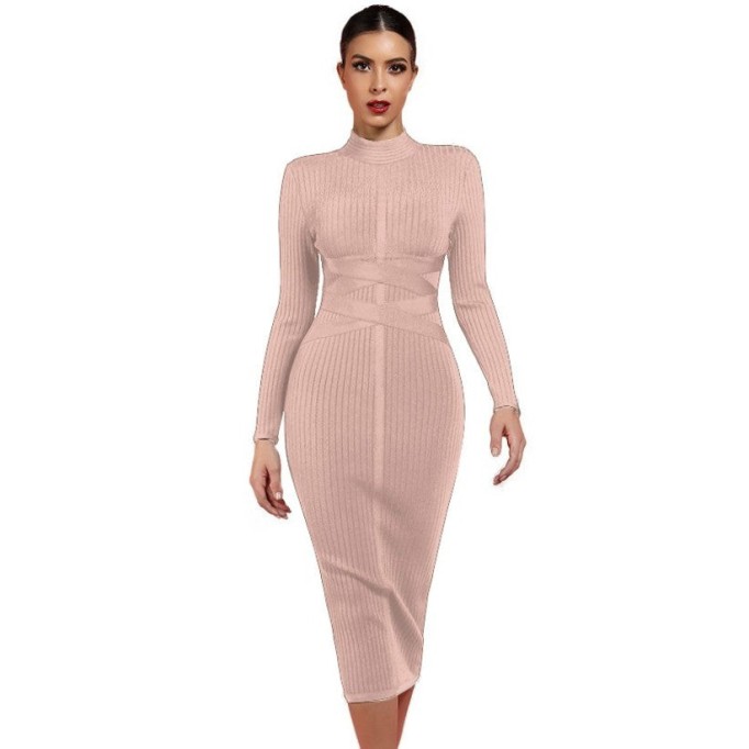 Round Neck Long Sleeve Striped Over Knee Bandage Dress PF1201