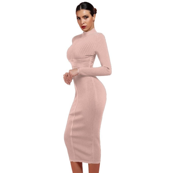 Round Neck Long Sleeve Striped Over Knee Bandage Dress PF1201