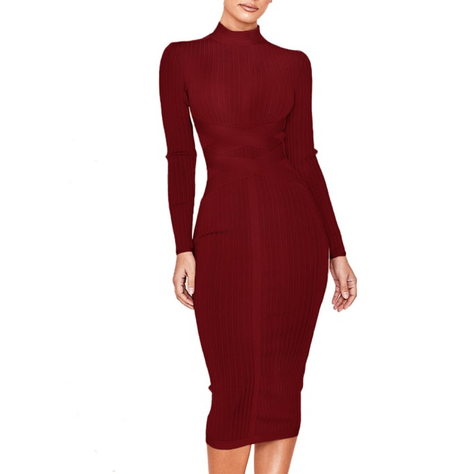 Round Neck Long Sleeve Striped Over Knee Bandage Dress PF1201