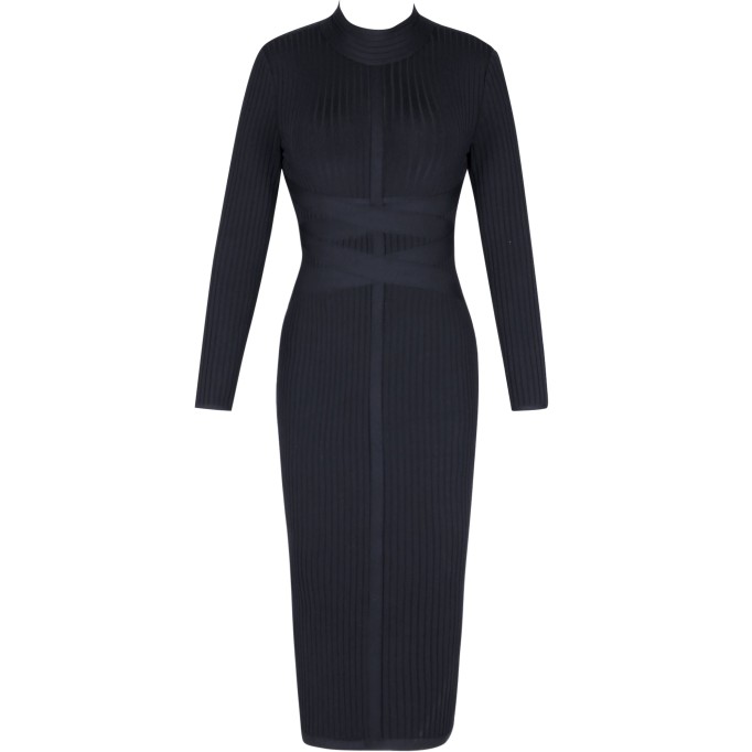 Round Neck Long Sleeve Striped Over Knee Bandage Dress PF1201