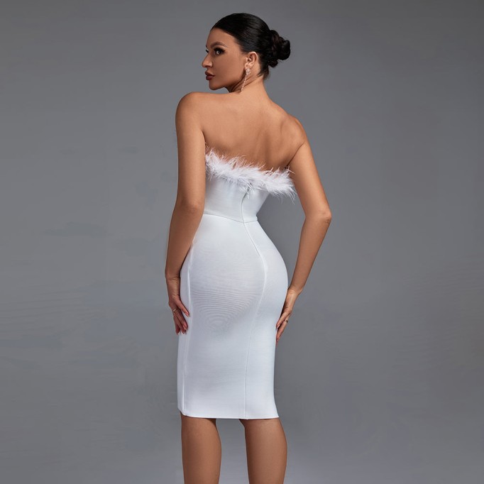 Strapless Sleeveless Feather Midi Bandage Dress