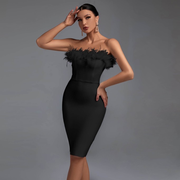 Strapless Sleeveless Feather Midi Bandage Dress