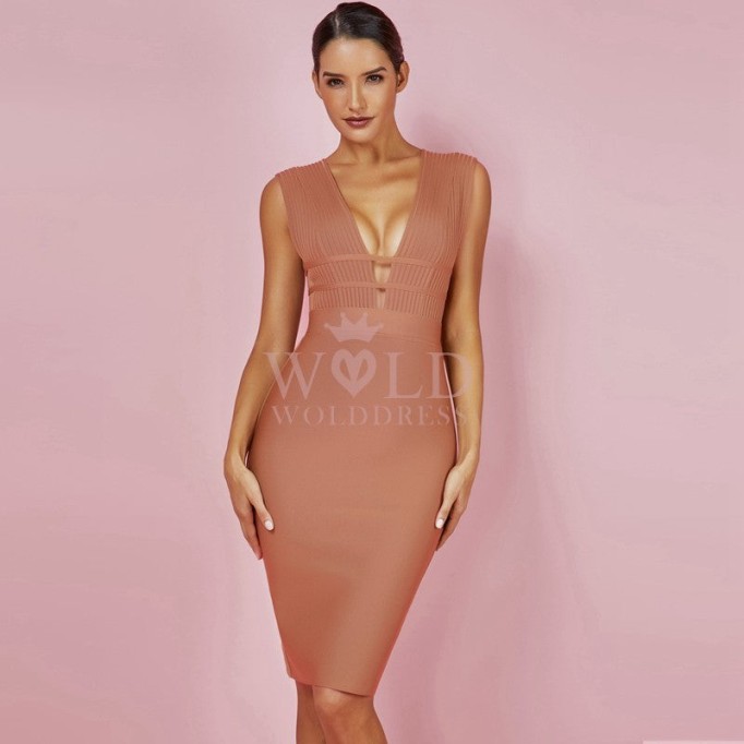 V Neck Sleeveless Hollow Out Midi Bandage Dress PF0803