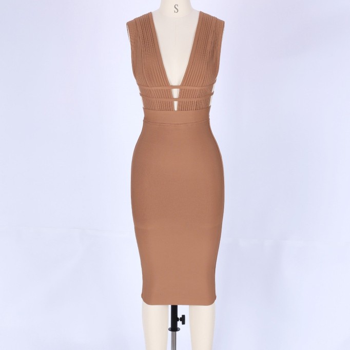 V Neck Sleeveless Hollow Out Midi Bandage Dress PF0803