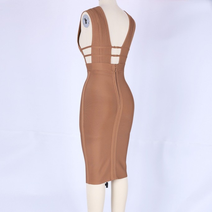 V Neck Sleeveless Hollow Out Midi Bandage Dress PF0803