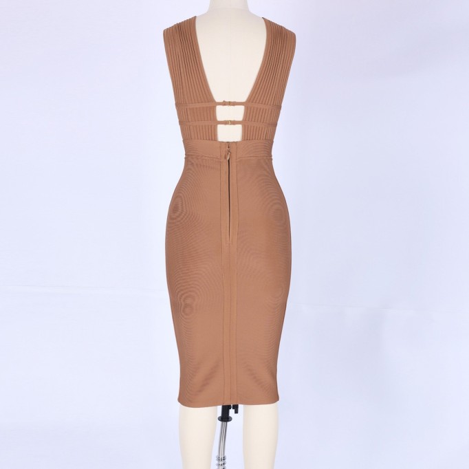 V Neck Sleeveless Hollow Out Midi Bandage Dress PF0803