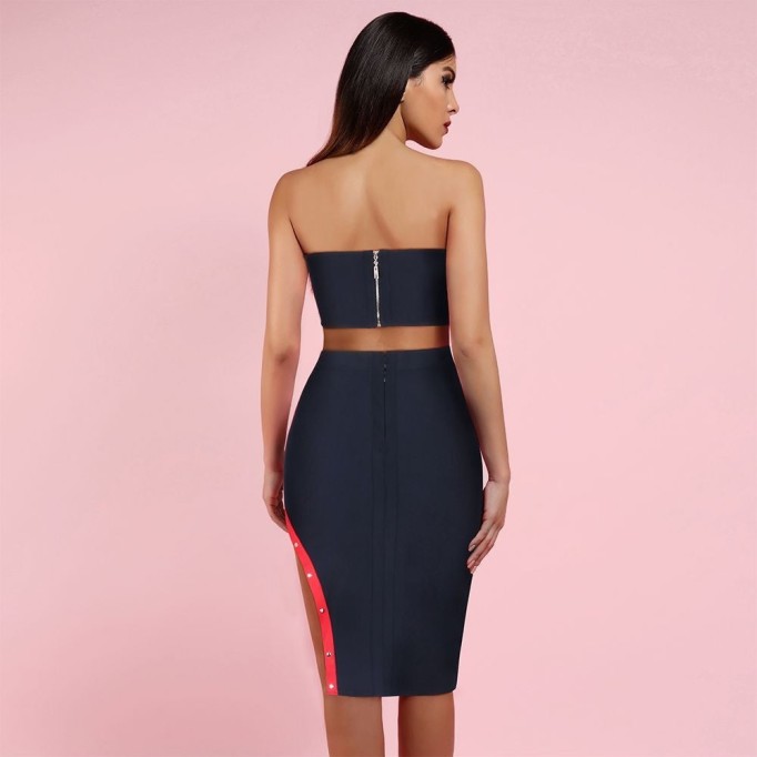 Strapless Sleeveless Slit Midi Bandage Set