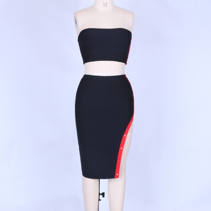 Strapless Sleeveless Slit Midi Bandage Set