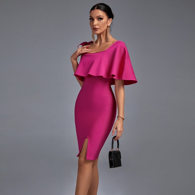 Square Collar Short Sleeve Frill Midi Bandage Dress