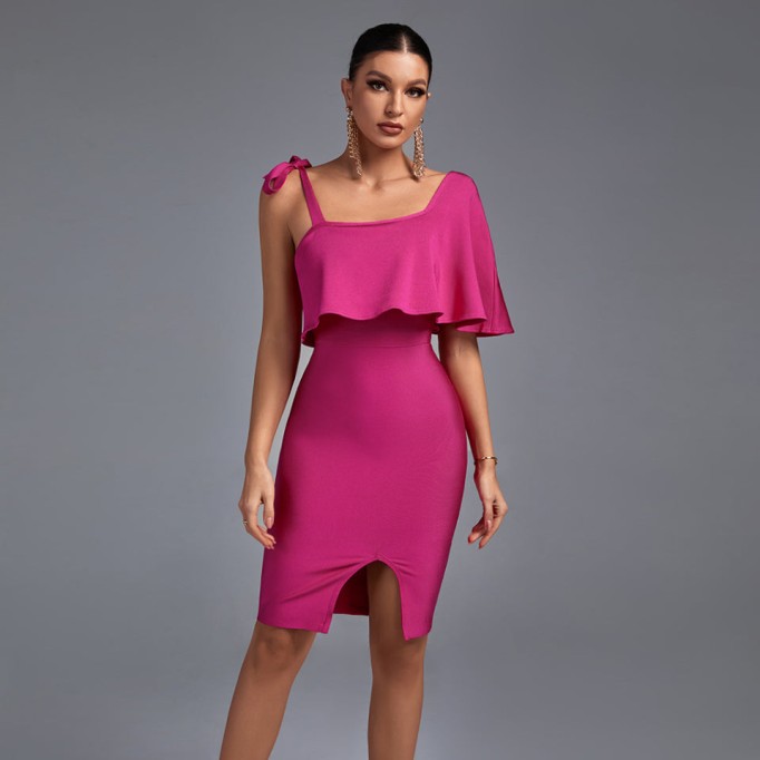 Square Collar Short Sleeve Frill Midi Bandage Dress