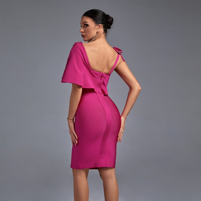 Square Collar Short Sleeve Frill Midi Bandage Dress