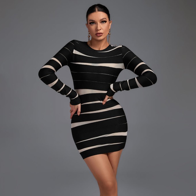 Round Neck Long Sleeve Mesh Mini Bandage Dress