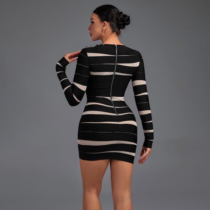 Round Neck Long Sleeve Mesh Mini Bandage Dress