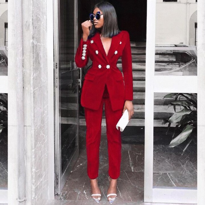 Velvet Fall&Winter Crystal Buckle Suit