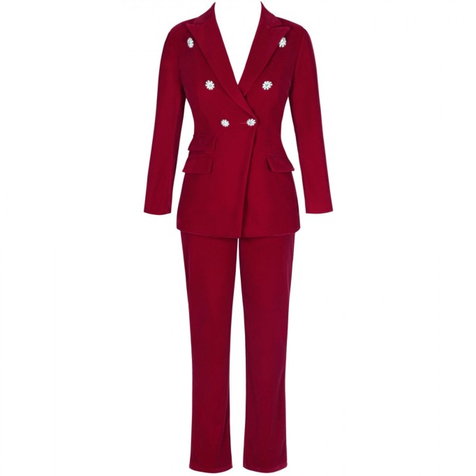 Velvet Fall&Winter Crystal Buckle Suit