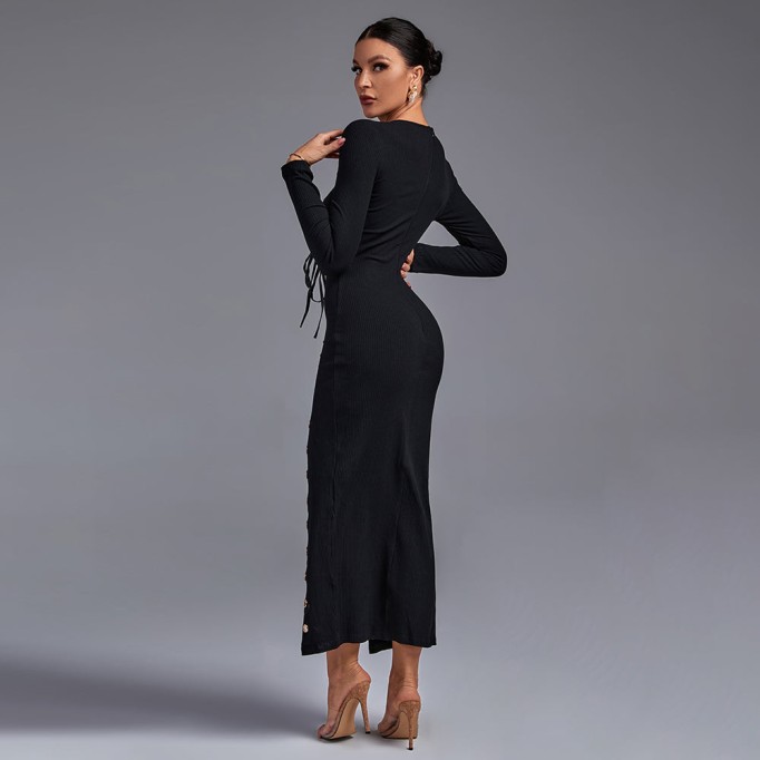 Round Neck Long Sleeve Lace Up Over Knee Bodycon Dress