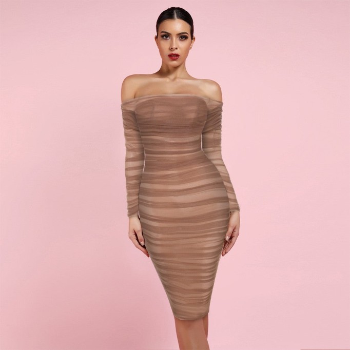 Off Shoulder Long Sleeve Ruched Mini Bodycon Dress FSP19054