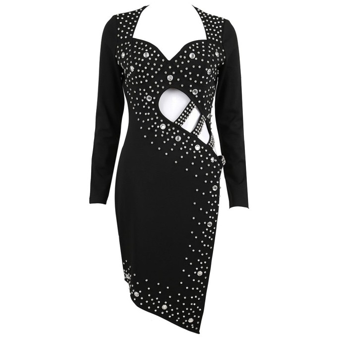 Square Collar Long Sleeve Asymmetrical Rhinestone Over Knee Bodycon Dress HT2303