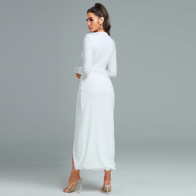 Deep V Ruched Maxi Bodycon Dress