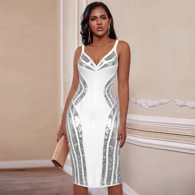 Strappy Striped Sequins Bandage Dress PP19341