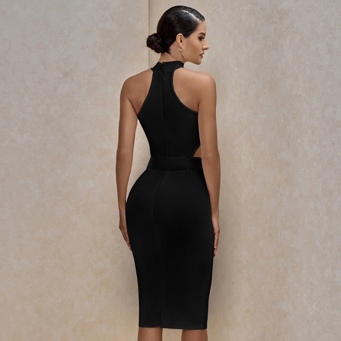 High Neck Sleeveless Cut Out With Belt Bandage Dress PP19425