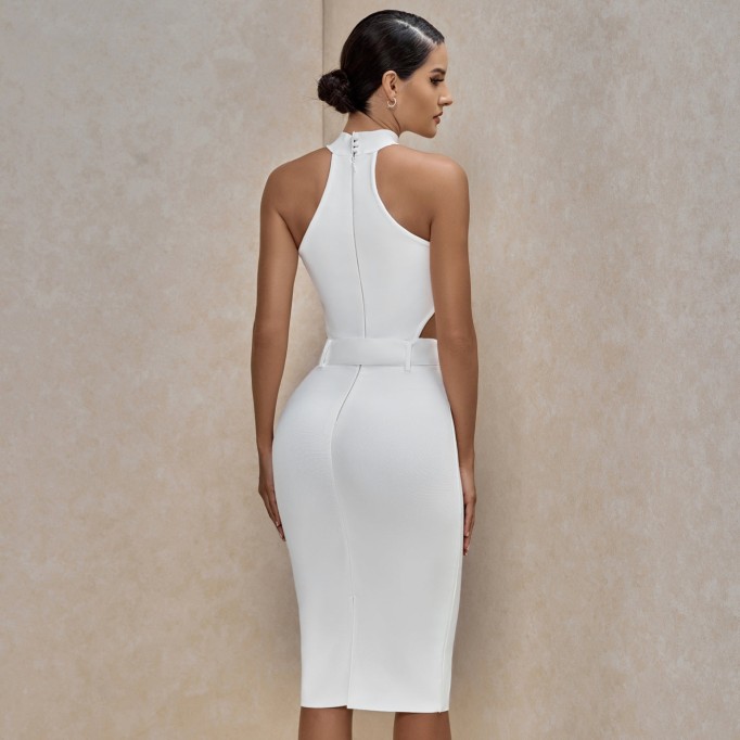 High Neck Sleeveless Cut Out With Belt Bandage Dress PP19425