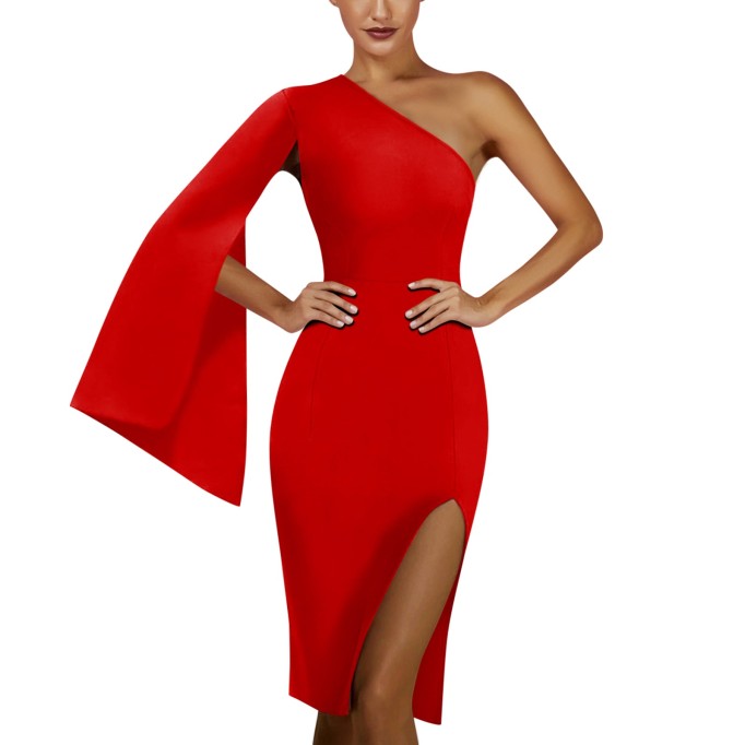 One Shoulder Long Sleeve Asymmetrical Midi Bandage Dress PP20002