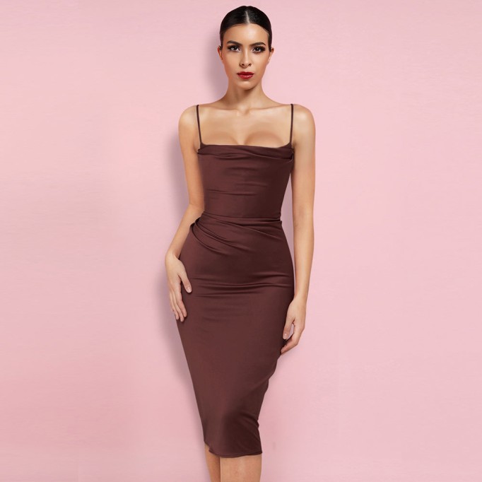 Strappy Sleeveless Plain Over Knee Bodycon Dress