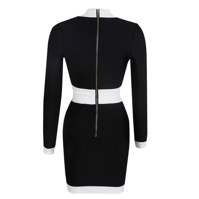 V Neck Long Sleeve Splicing Mini Bandage Dress