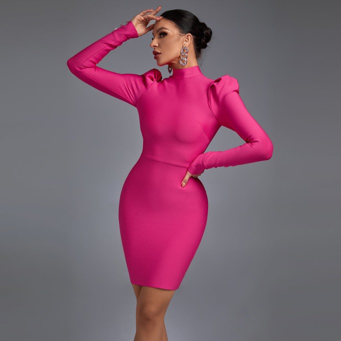 High Neck Long Sleeve Plain Mini Bandage Dress